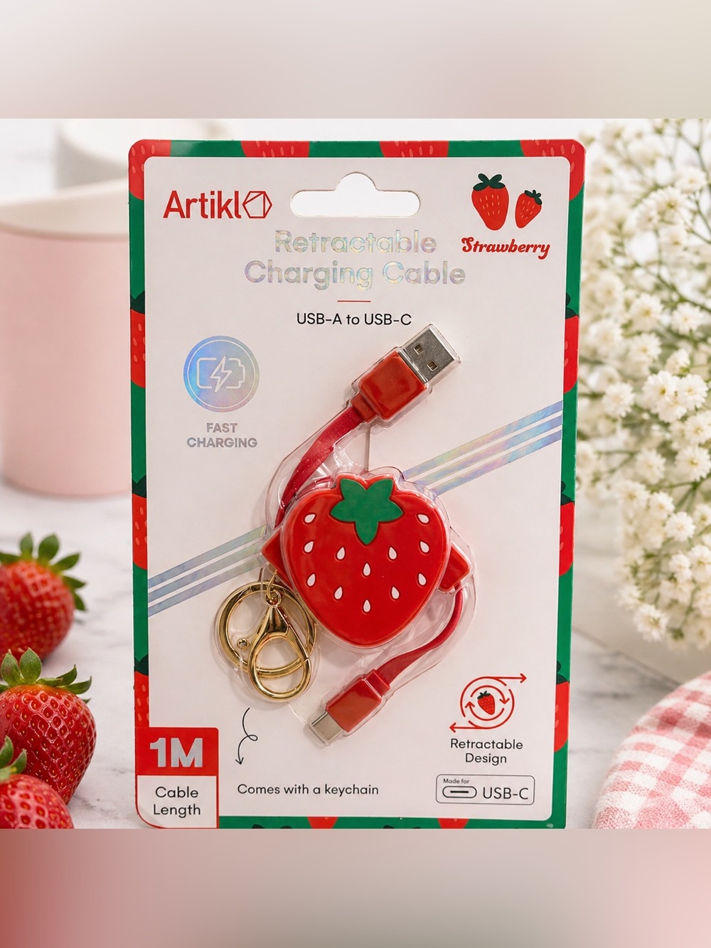 Strawberry Retractable Charging Cable USB-A to USB-C Fast Charger Cute Keychain